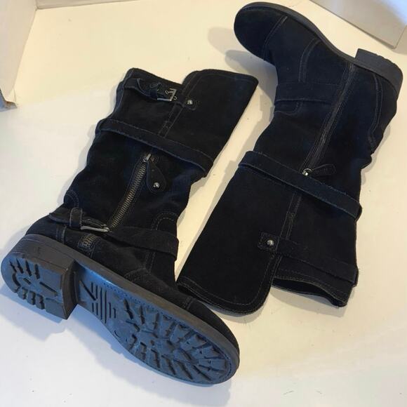 MOJO MOXY black suede buckle zip moto boots Y2K high low knee stud women's 9 - Picture 6 of 13